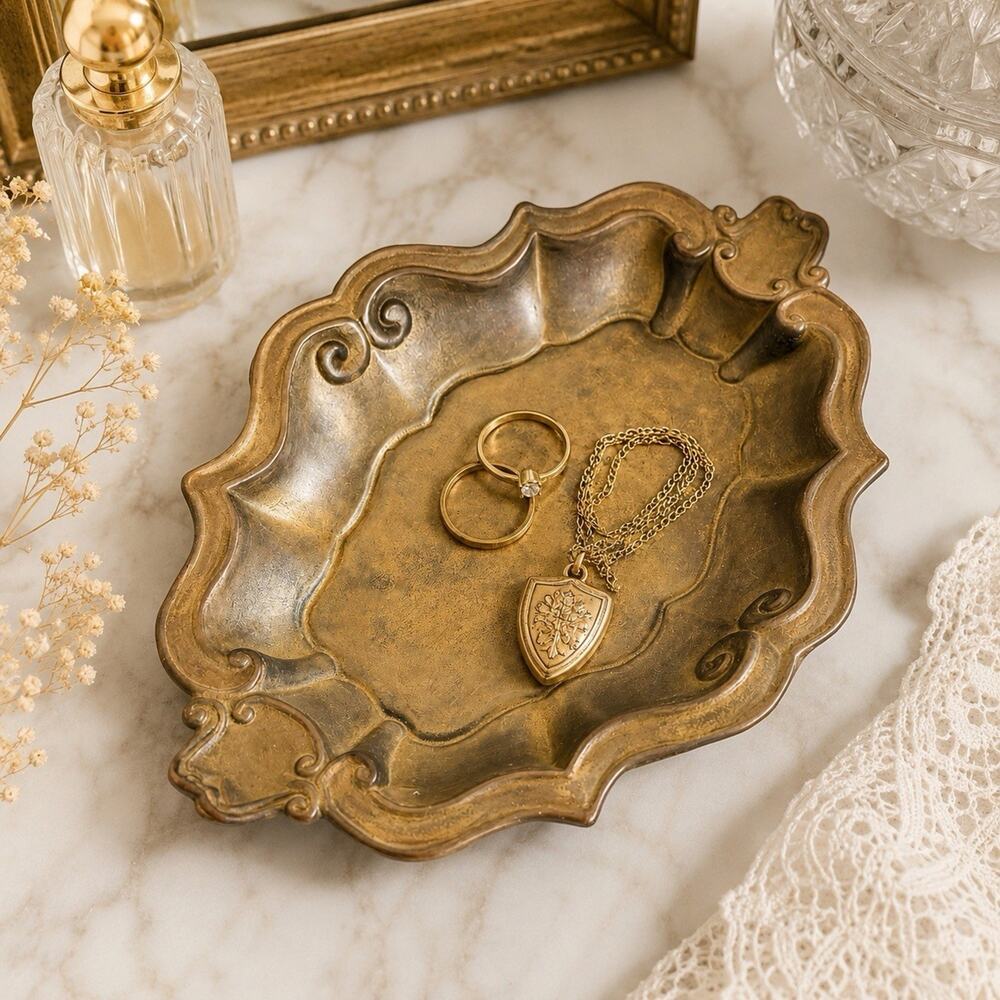 Vintage Ornate Brass Vanity Trinket Jewelry Dish Scroll Hand Made Italy 1960’s
